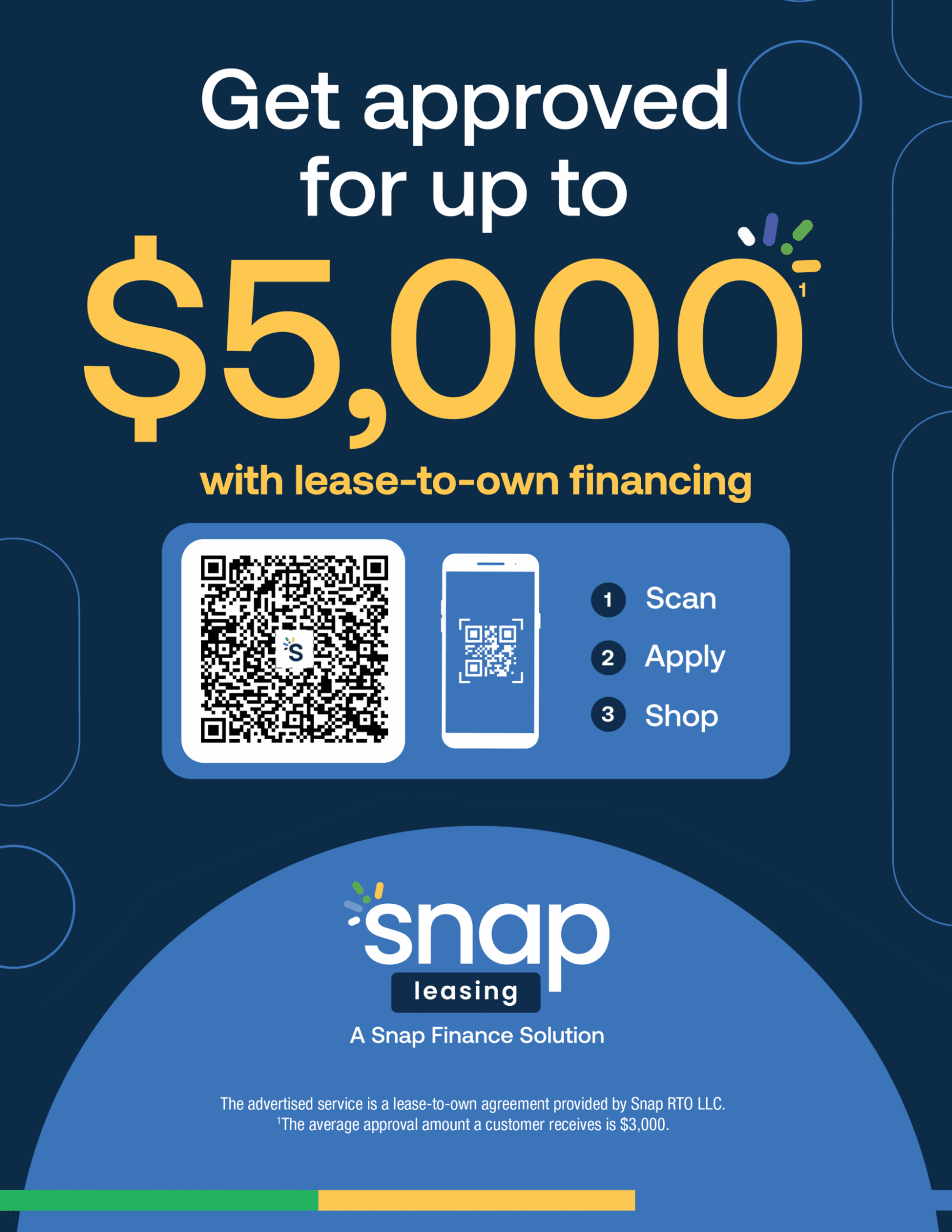 Advertisement for up to $5,000 lease-to-own financing with QR code for Snap Leasing.