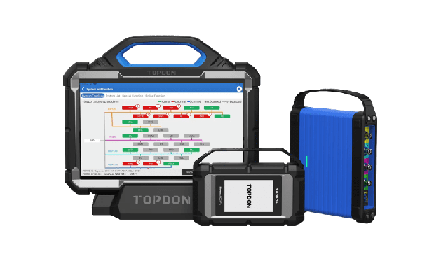 A diagnostic tool kit with a tablet, scanner, and blue case.