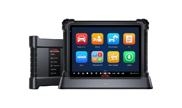 Tablet displaying various car diagnostic apps with a stylus and diagnostic device.