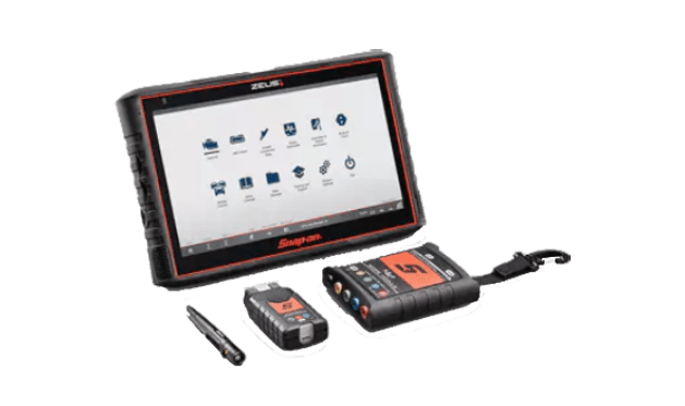 A rugged handheld device with a screen, stylus, and two small accessories.