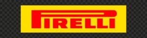 Partial close-up of the Pirelli logo with bold red letters on a yellow background.