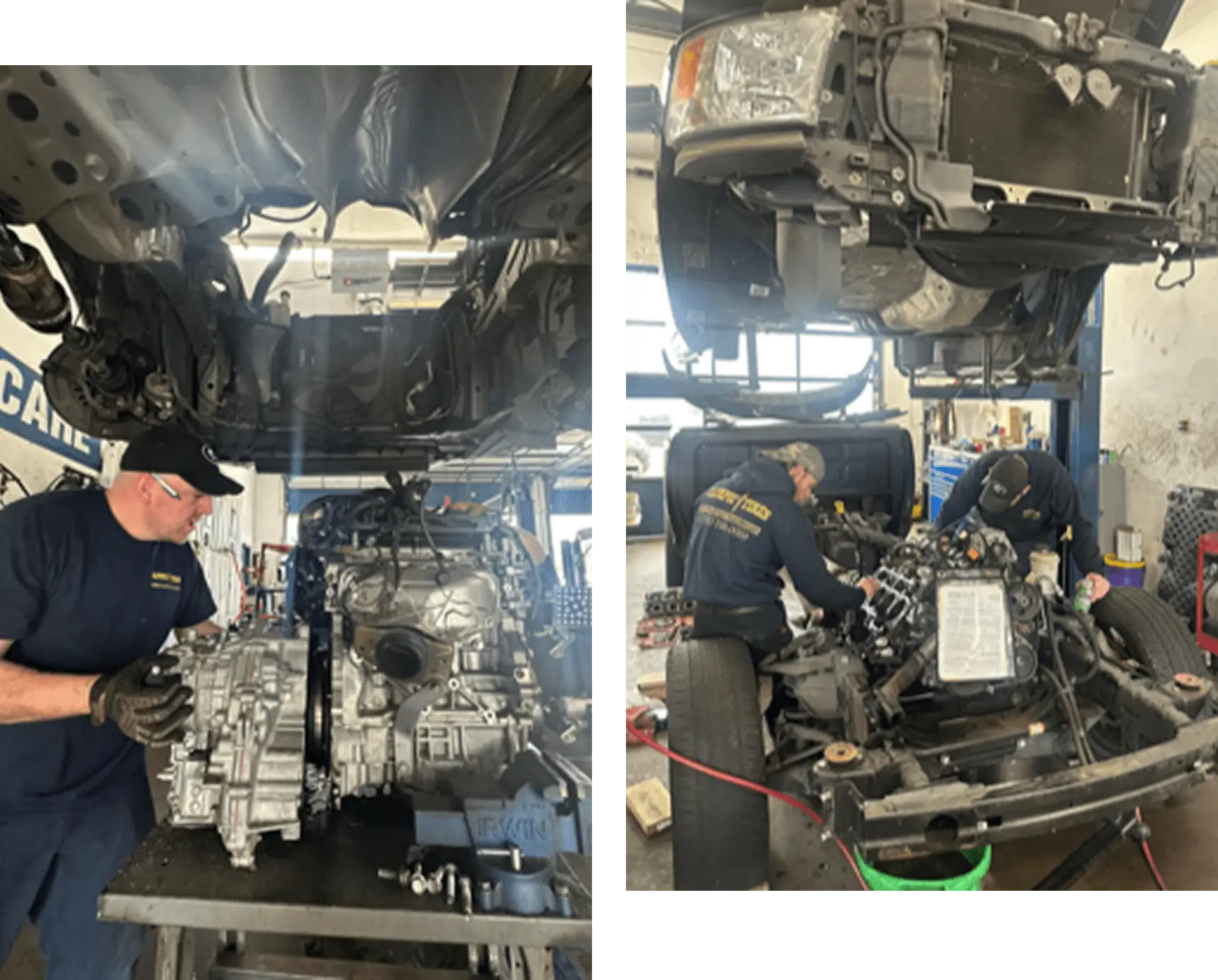 Two mechanics working on car engines in a garage setting.